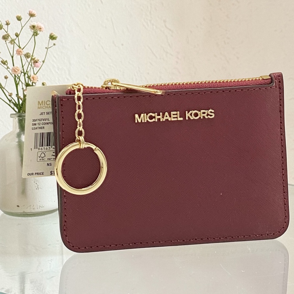 Michael Kors Mulberry Saffiano Leather Zip Card Case with Gold Keyring